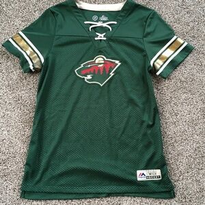 Majestic Green Minnesota Wild Lace-Up Short Sleeve Jersey with Red and Gold Logo